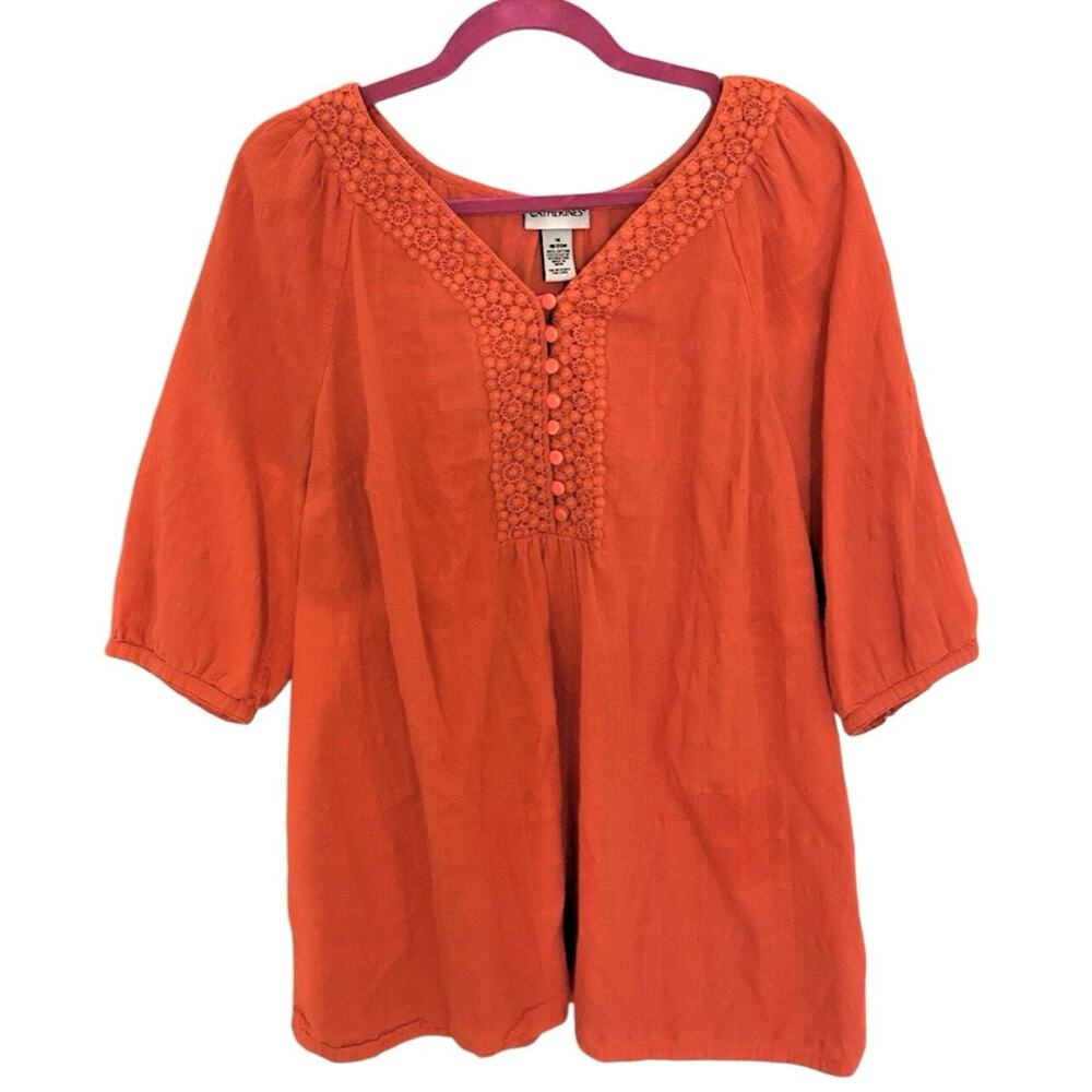 Catherines Women's‎ Blouse Coral Orange Crochet Trim 3/4 Sleeve Boho Peasant 1X